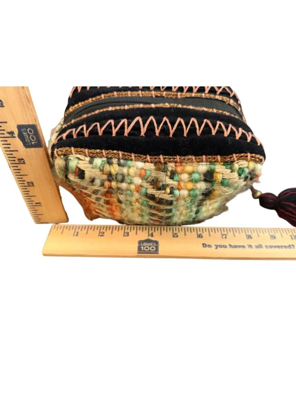 Lovestitch Boho Woven Tassel Cosmetic Bag Black Velvet Metallic Trim Pouch